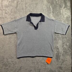 TANKANEO Womens M Navy White Striped Polo Shirt Knit Relaxed Slouchy Collared